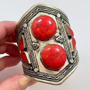 Vintage Afghan Kuchi Red Jasper Composite Stone Silver Cuff Bracelet